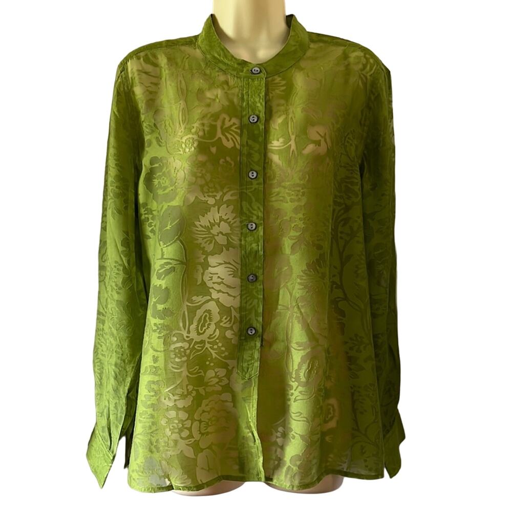 Chico’s 2 Green Burnout Blouse Woman Size 12 Band Collar Convertible Sleeves